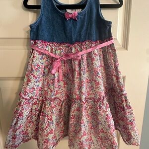 Denim Top Pink Floral Tie-Waist Kids Dress